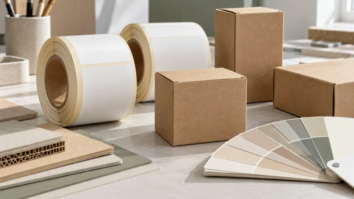 Blank label rolls, plain cartons and a colour swatch fan on a design desk.