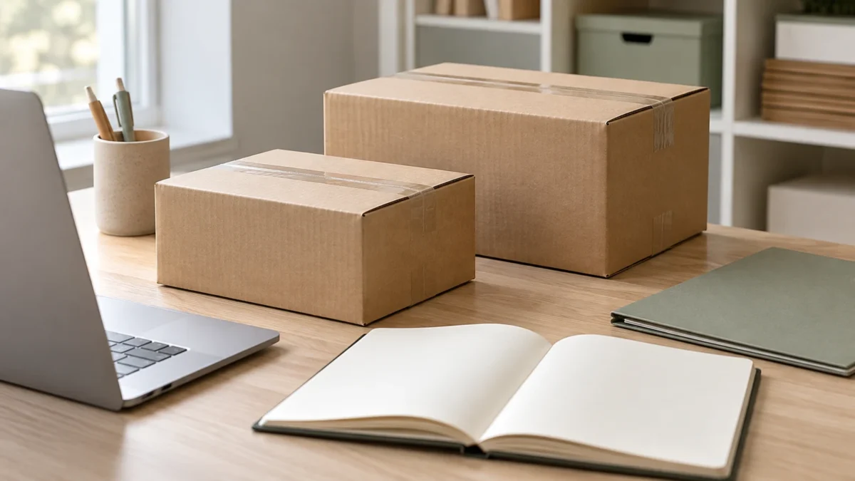 Plain parcels and an open blank notebook on a packing desk.