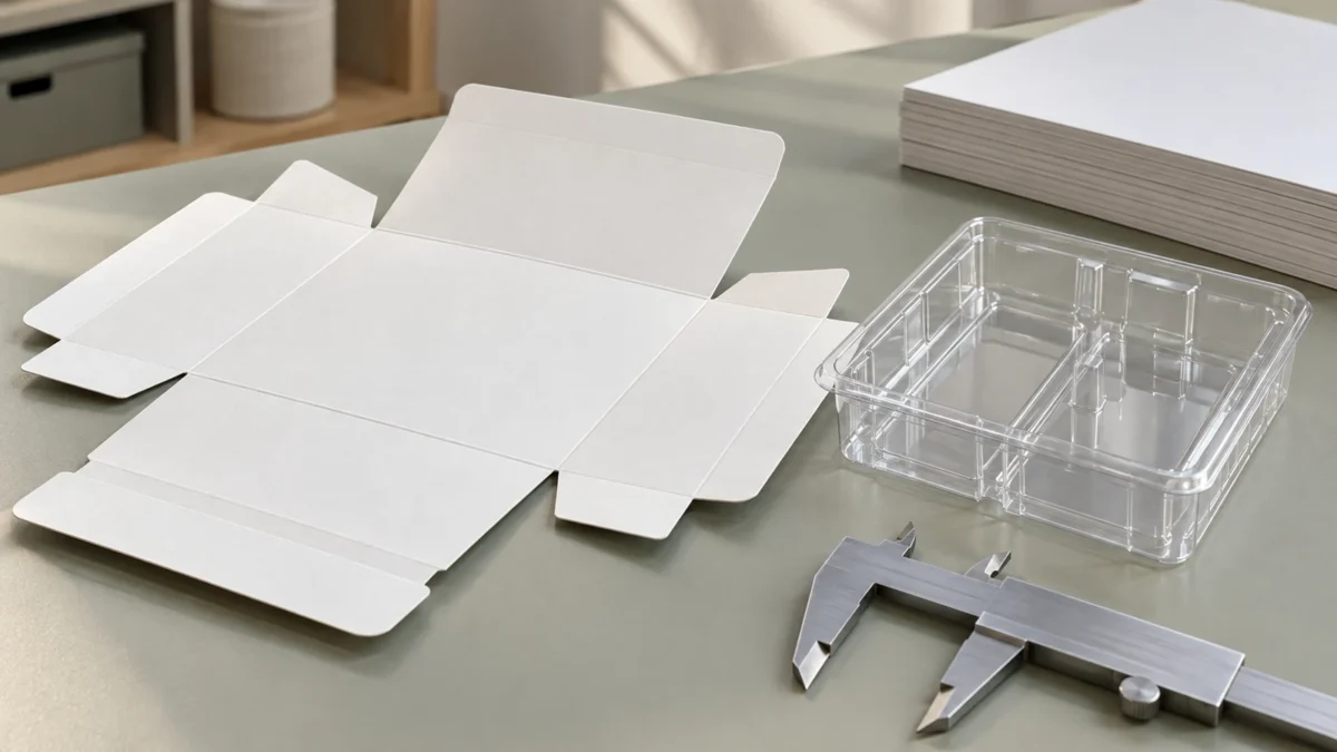 A carton blank and clear tray beside blank sheets and a caliper.