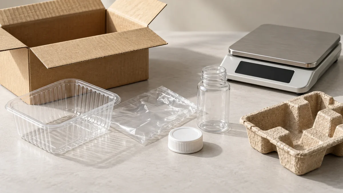 Plastic packaging components and a kraft carton beside a weighing platform.