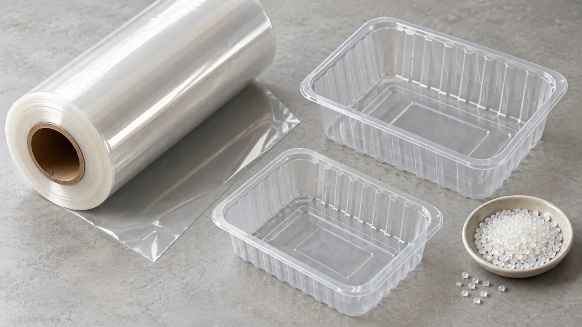 Plastic film, empty trays and pale pellets arranged as separate material samples.