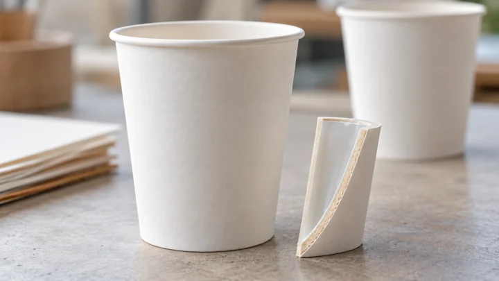 A plain paper cup and a small wall-section sample showing layered construction.