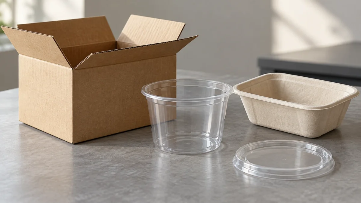 A carton, clear container, fibre tray and detached lid arranged separately.