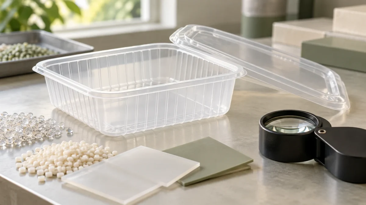 An unbranded clear food tray and lid beside polymer samples and a magnifying loupe.