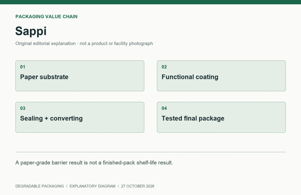 Sappi packaging value chain: Paper substrate, Functional coating, Sealing + converting, Tested final package.