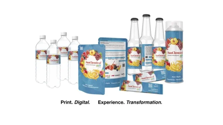 Printed bottles, pouches and labels grouped against a white background in a Sun Chemical media image.