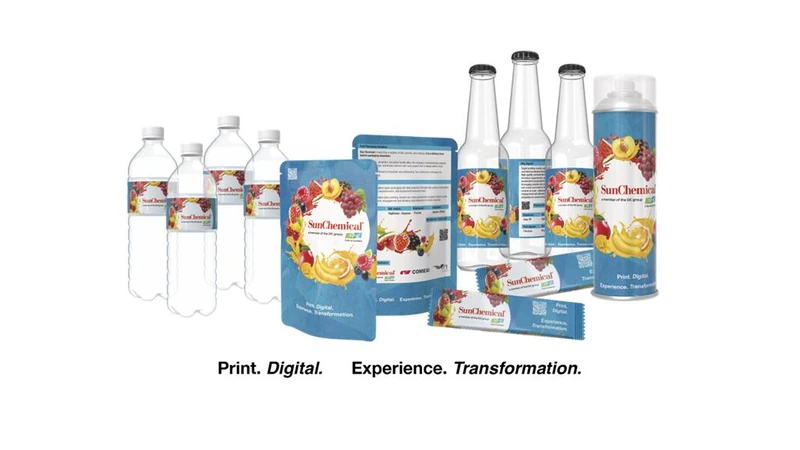 Printed bottles, pouches and labels grouped against a white background in a Sun Chemical media image.