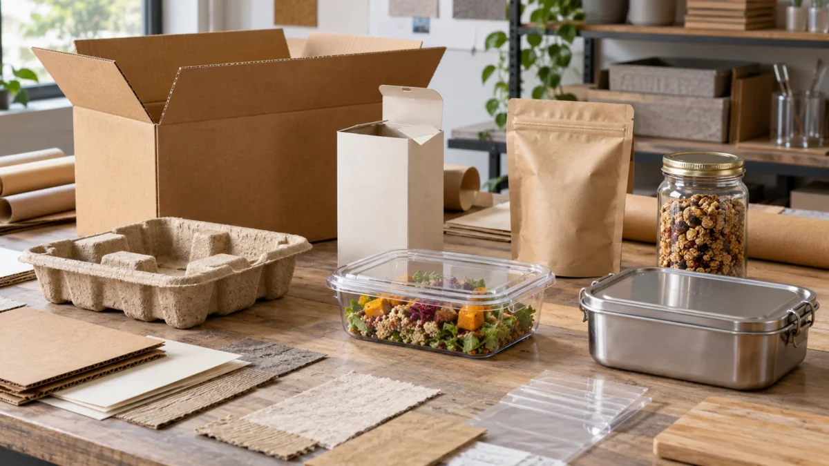 AI-generated editorial illustration of different packaging formats on a development workbench.